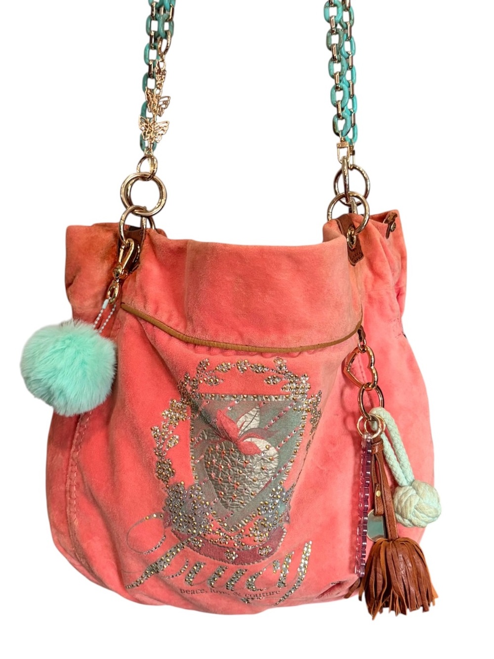 JUICY COUTURE RARE 2011 STRAWBERRY CORAL VELOUR HOBO BAG (READ DESCRIPTION)